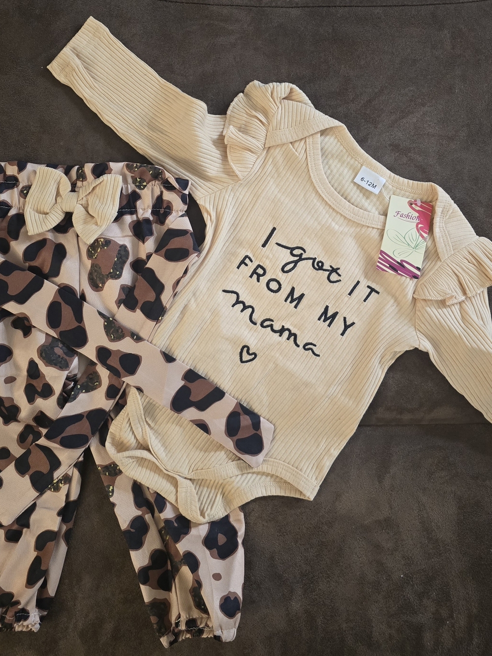 6 - 12 Month I Got It From My Mama Beige Ribbed Baby Girl 3-Piece Set